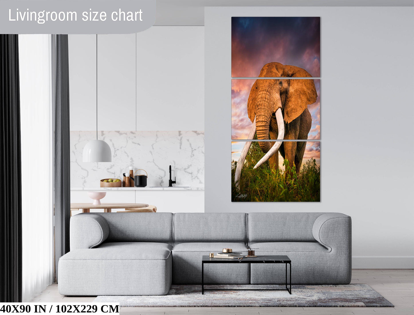 The image is a living room with a gray sofa, a coffee table, and a large painting of an elephant on the wall.
