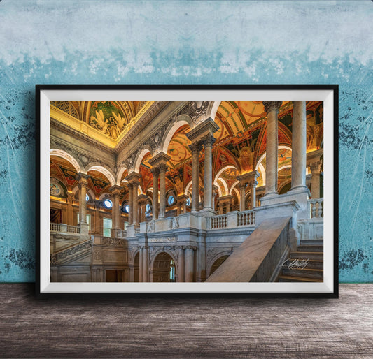 This luxury fine art photograph captures the grand interior architecture of the Library of Congress in Washington DC. Marble columns, ornate ceilings, and classical symmetry create a refined composition rooted in American national history and cultural legacy. Ideal for collectors, professionals, and interior designers seeking museum-quality wall art that embodies intellect, heritage, and timeless elegance.