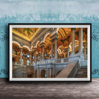 This luxury fine art photograph captures the grand interior architecture of the Library of Congress in Washington DC. Marble columns, ornate ceilings, and classical symmetry create a refined composition rooted in American national history and cultural legacy. Ideal for collectors, professionals, and interior designers seeking museum-quality wall art that embodies intellect, heritage, and timeless elegance.