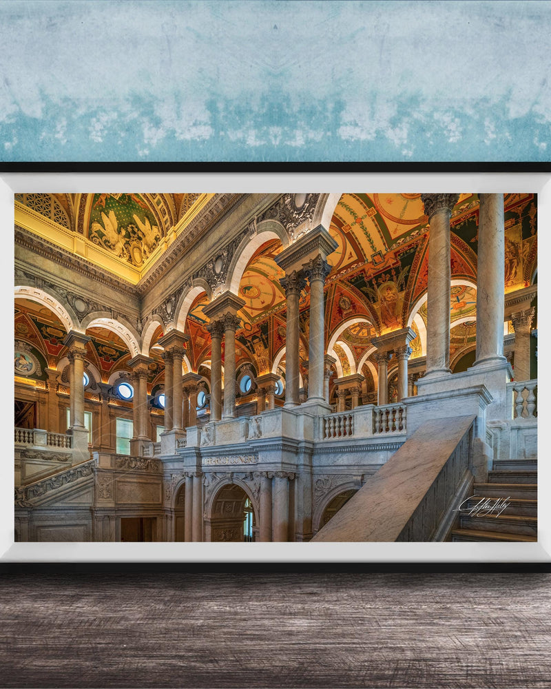 This luxury fine art photograph captures the grand interior architecture of the Library of Congress in Washington DC. Marble columns, ornate ceilings, and classical symmetry create a refined composition rooted in American national history and cultural legacy. Ideal for collectors, professionals, and interior designers seeking museum-quality wall art that embodies intellect, heritage, and timeless elegance.