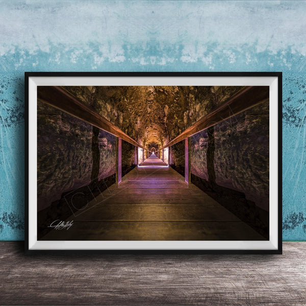 a long, dimly lit tunnel with a wooden floor and walls, creating a sense of depth and mystery.