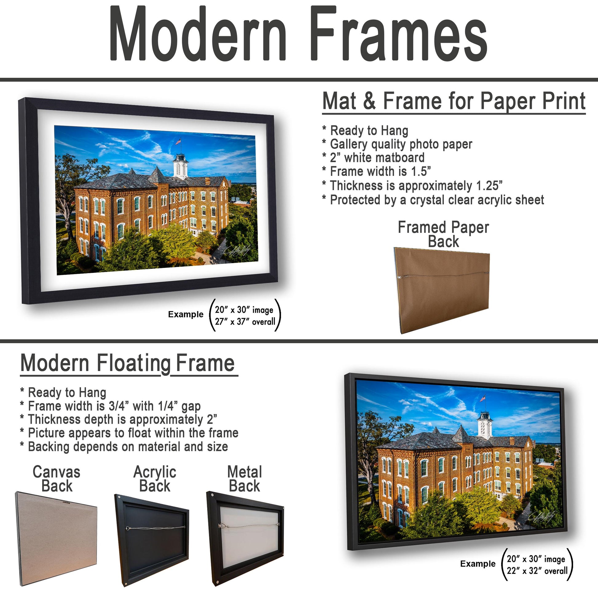 The image is a collage of two framed pictures, one of a building and one of a tree, both featuring a modern design. The collage is presented in two different frame types: a floating frame and a mat and frame for paper print.