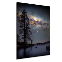 a serene night scene with a starry sky and a calm lake reflecting the celestial spectacle.