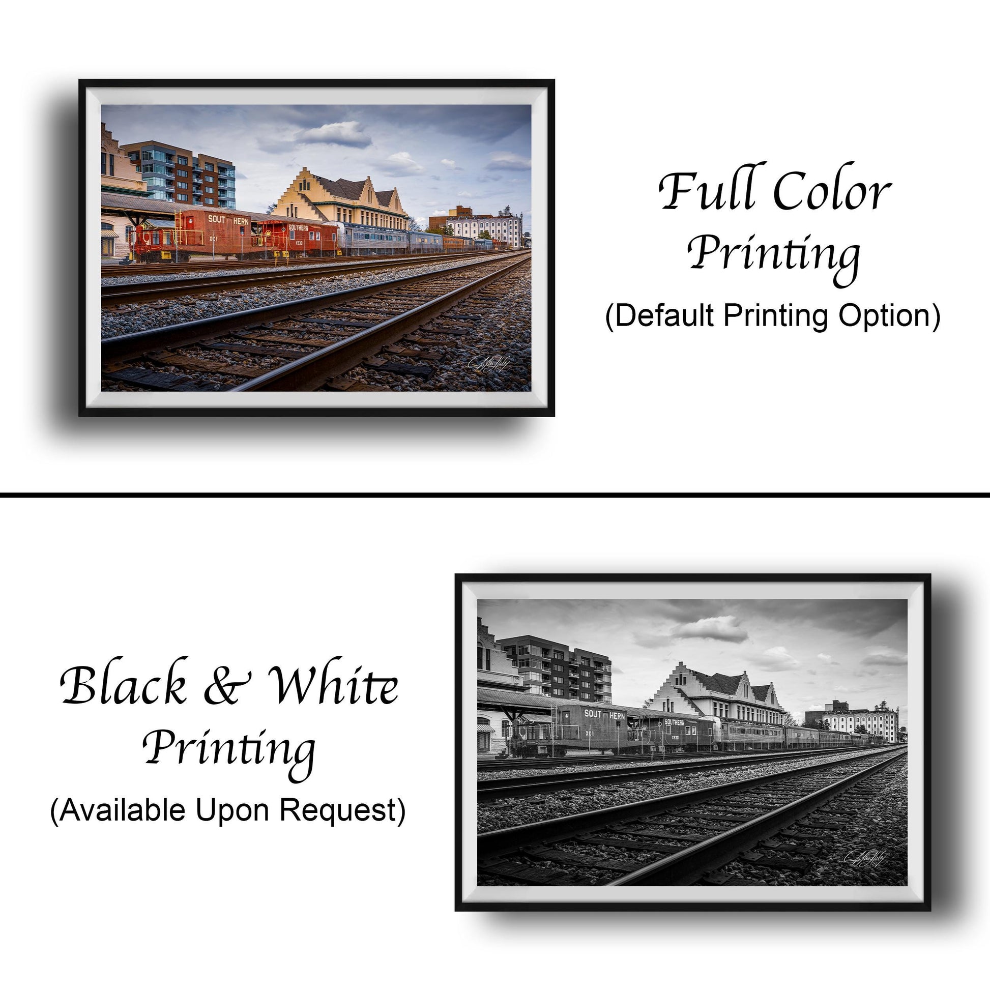 The image is a collage of two framed pictures. The left frame shows a full color image of a train station with buildings and train tracks, while the right frame is a black and white image of the same train station. The text below the images indicates that the full color printing is available upon request.