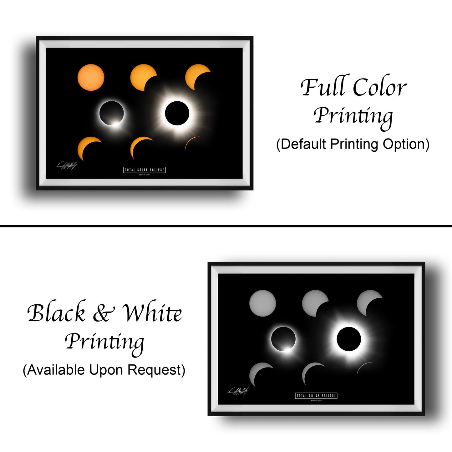 The image is a framed print depicting the solar eclipse, with the moon and sun in various stages of the eclipse. The print has two color options: black and white, and full color. The text indicates that the print is available upon request.