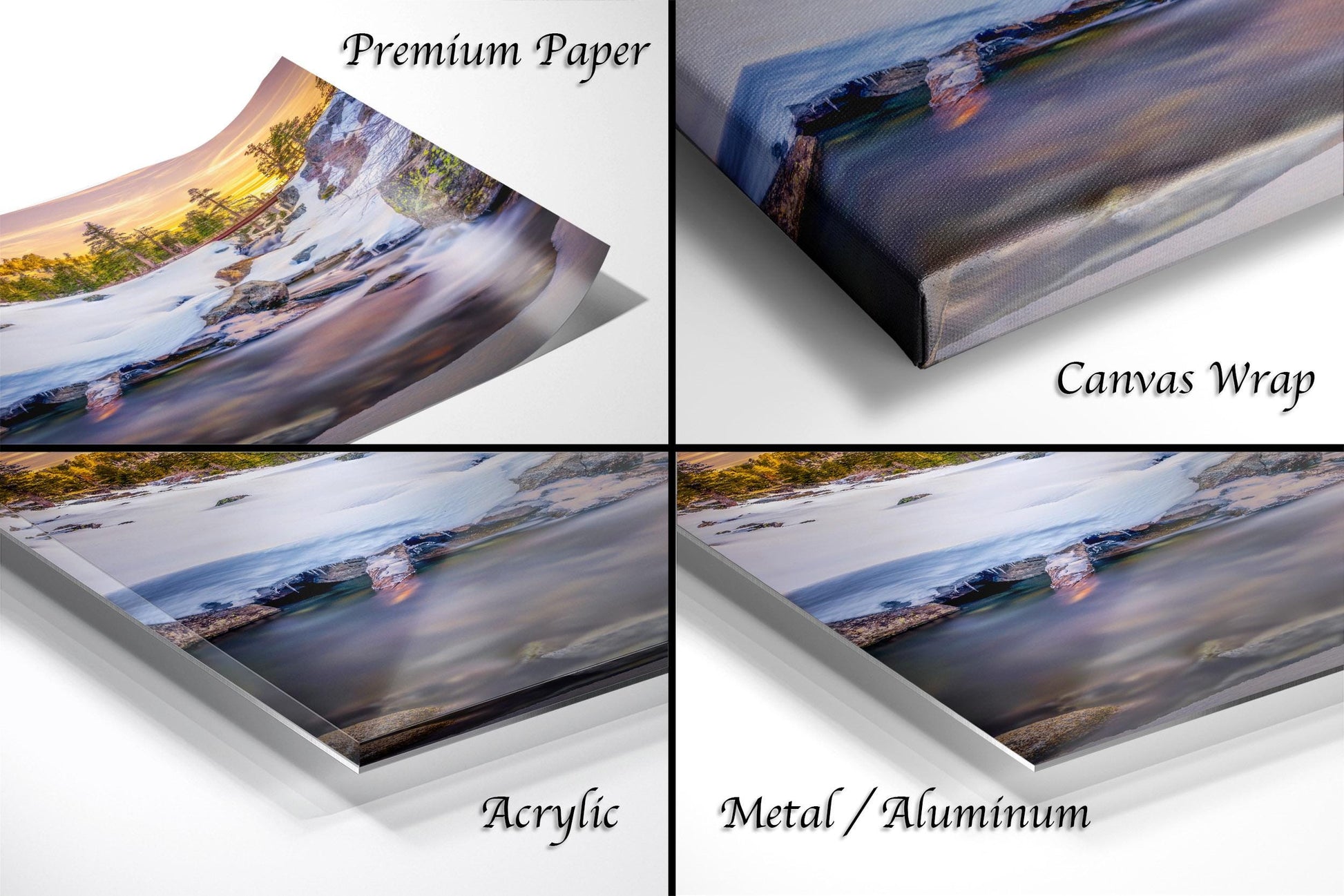 The image is a collage of four different images, each depicting a landscape scene. The images are labeled as "Premium Paper", "Canvas Wrap", "Acrylic", and "Metal/Aluminum".