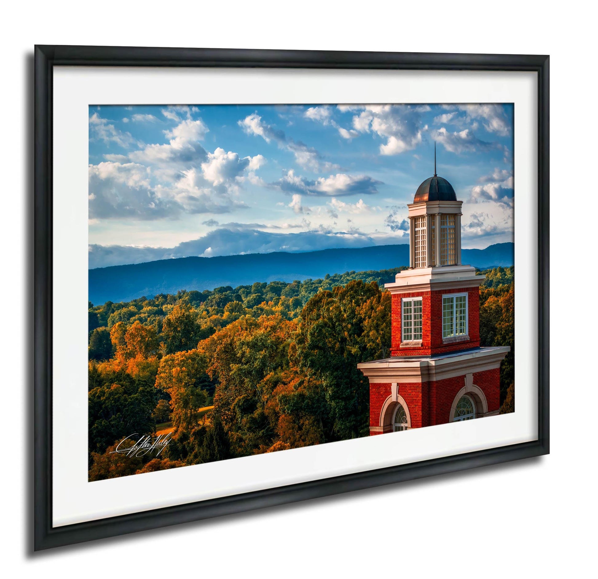 A framed image depicting a red brick building with a dome, surrounded by a lush green forest and a blue sky with clouds.