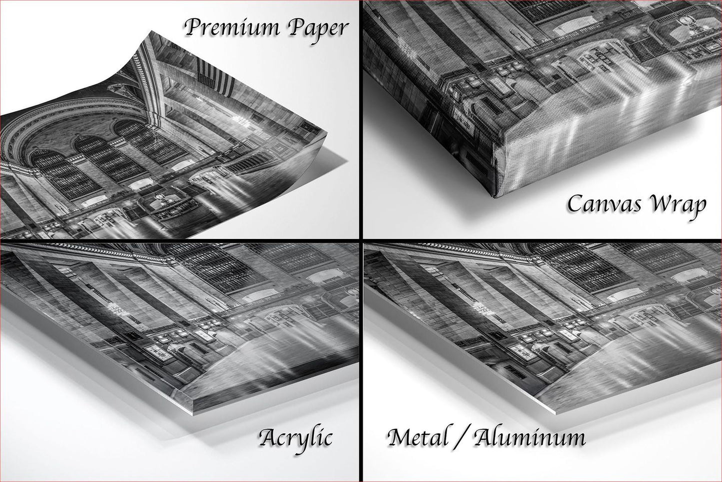four different views of a building, including a close-up of the facade, a top-down view, a side view, and a bottom-up view. The image is labeled as "Premium Paper", "Canvas Wrap", "Acrylic", and "Metal/Aluminum".