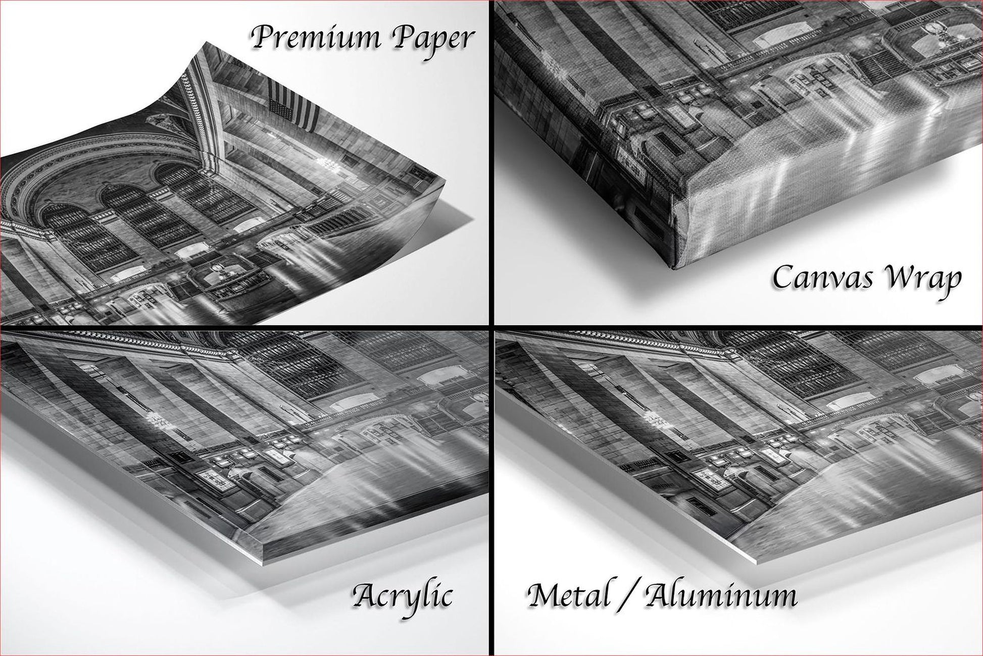four different views of a building, including a close-up of the facade, a top-down view, a side view, and a bottom-up view. The image is labeled as "Premium Paper", "Canvas Wrap", "Acrylic", and "Metal/Aluminum".