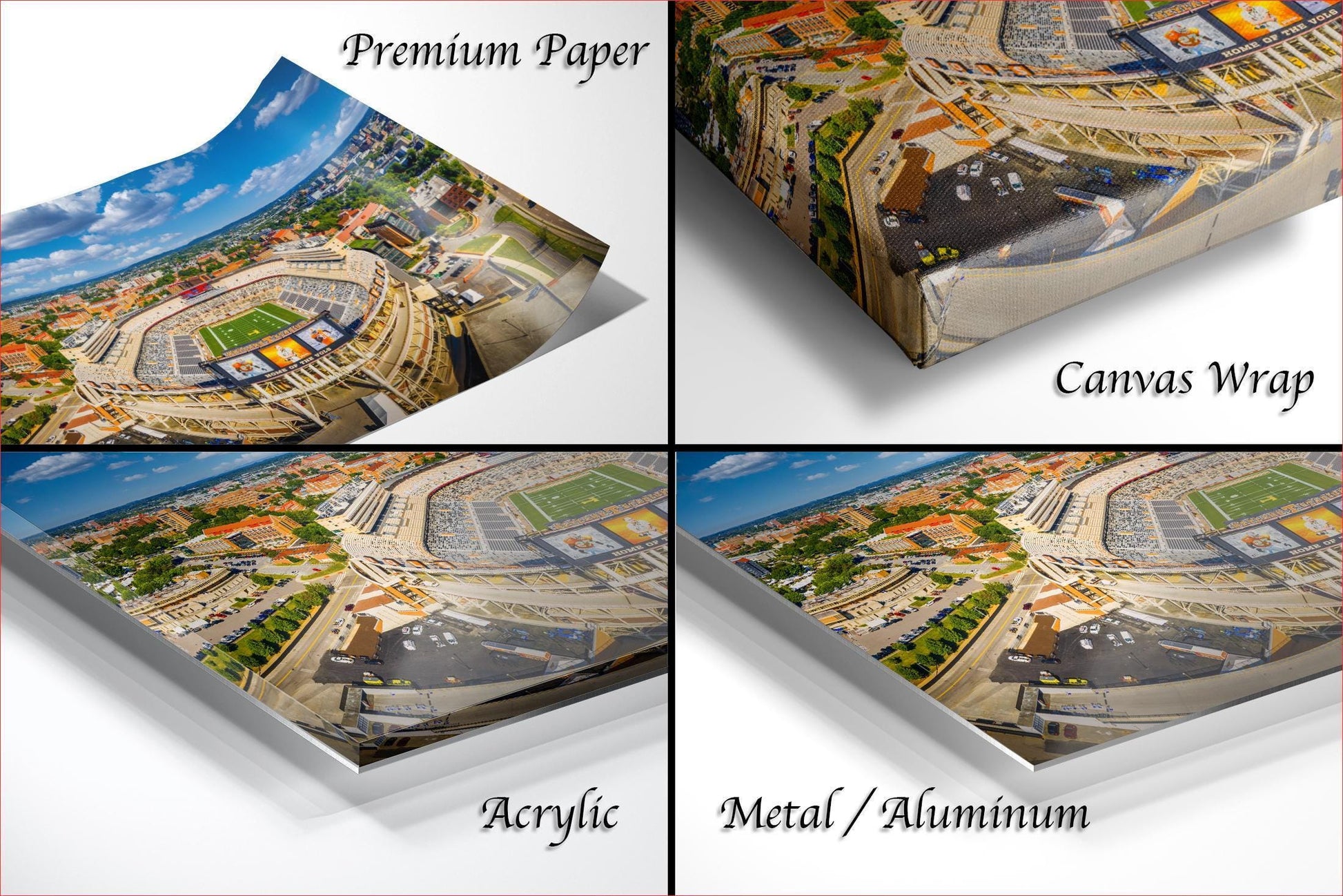 four different views of a stadium, each with a different perspective and angle. The text labels the images as "Premium Paper", "Canvas Wrap", "Acrylic", and "Metal/Aluminum".