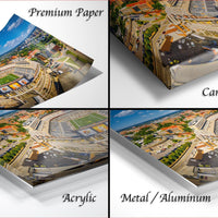 four different views of a stadium, each with a different perspective and angle. The text labels the images as "Premium Paper", "Canvas Wrap", "Acrylic", and "Metal/Aluminum".