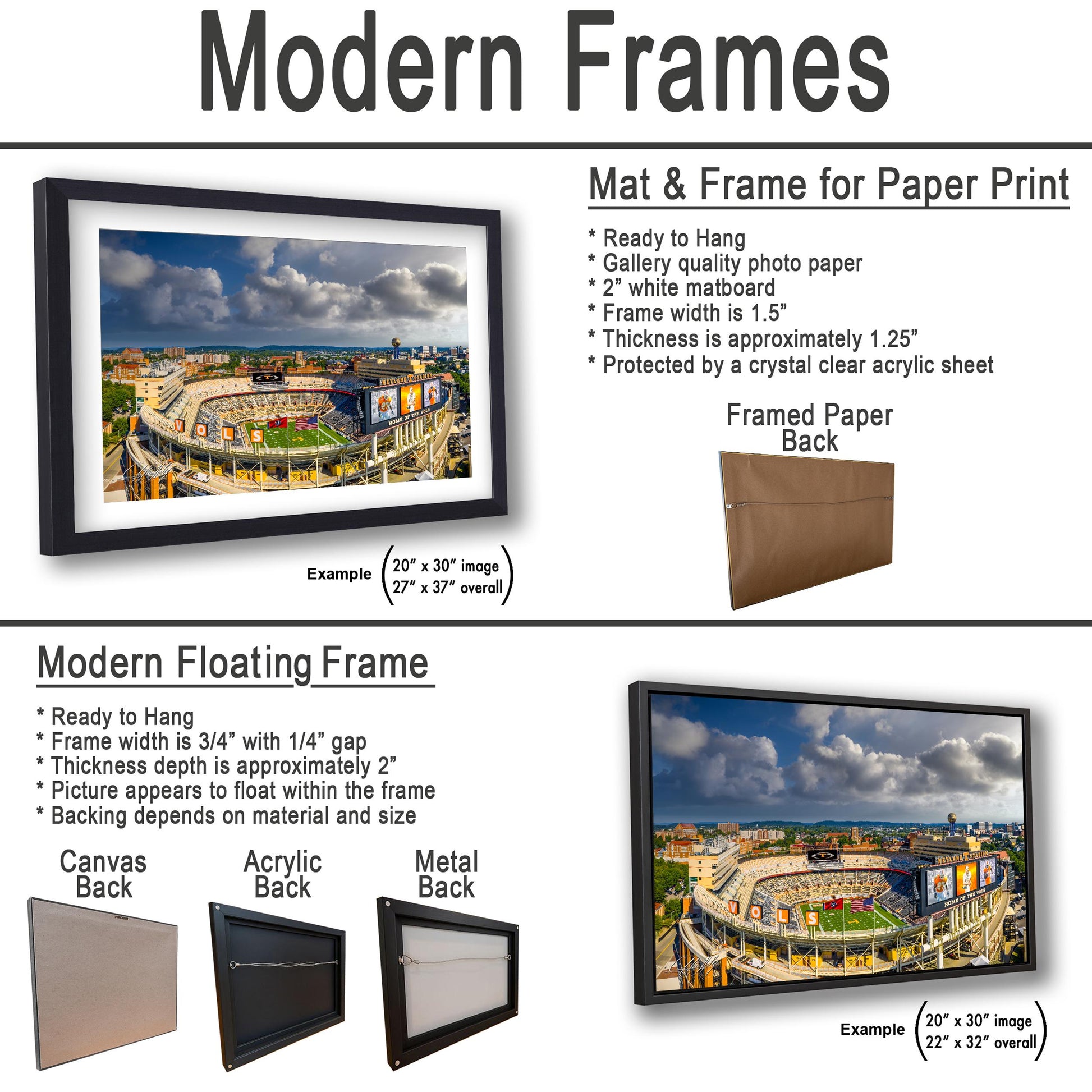 The image is a collage of two framed pictures, one of a stadium and the other of a city skyline. The framed picture is a mat and frame for a paper print, while the other is a modern floating frame.