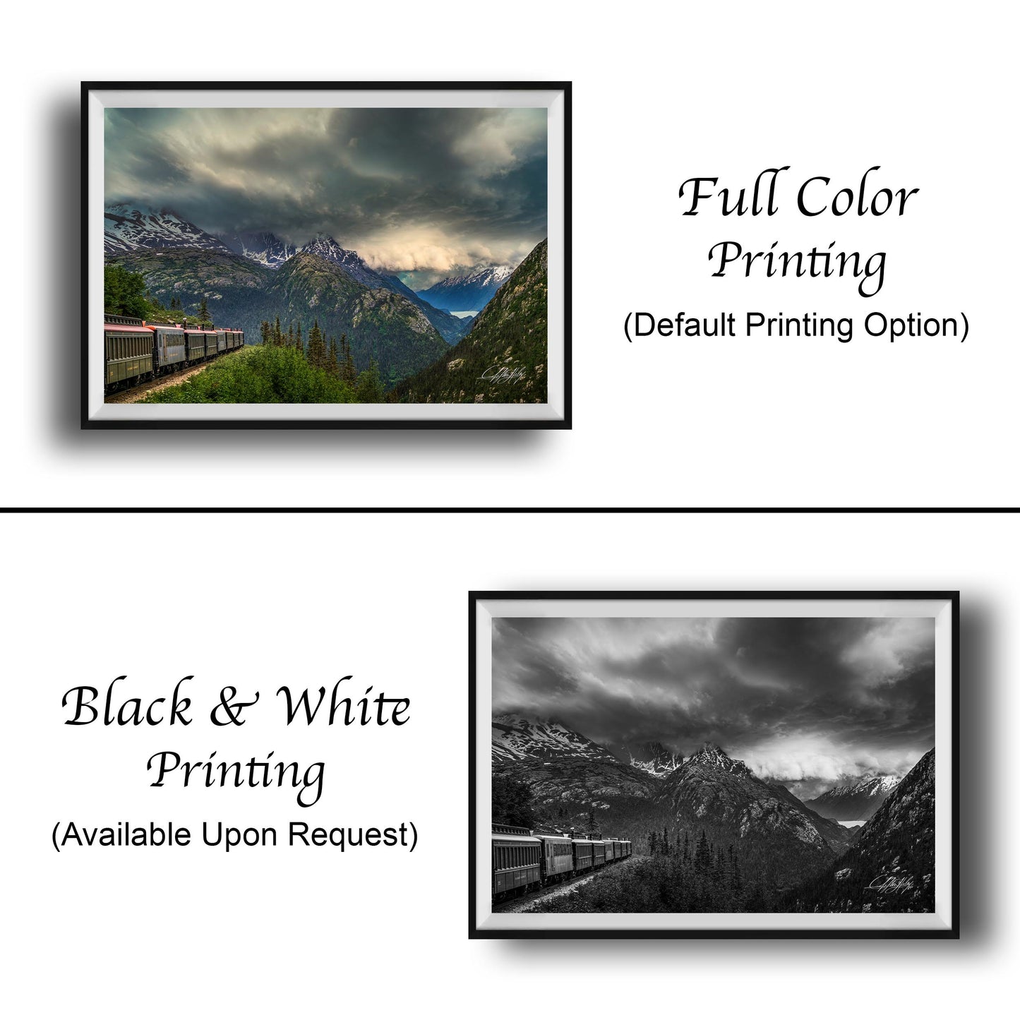 The image is a collage of two framed pictures. The top picture is a full color print of a mountainous landscape with a train passing through, while the bottom picture is a black and white print of the same mountainous landscape.