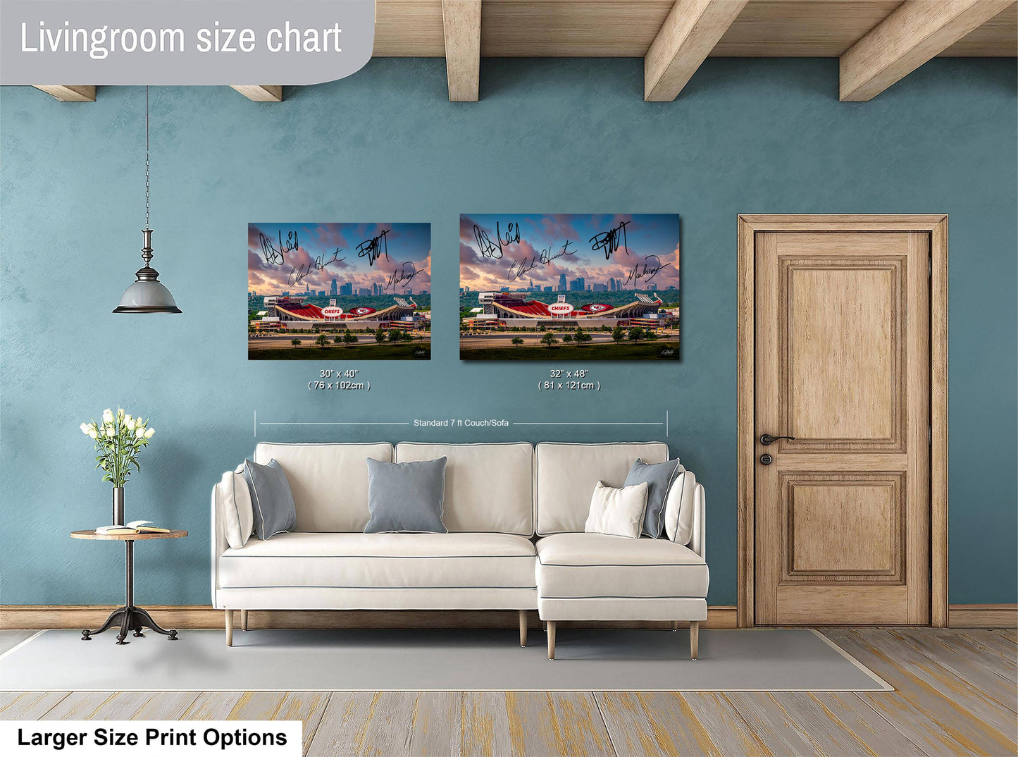a living room with a white sofa, a wooden door, and two framed paintings hanging on the wall. The paintings depict a cityscape with a large airplane in the sky. The living room appears to be well-lit and decorated with a vase of flowers on a table.