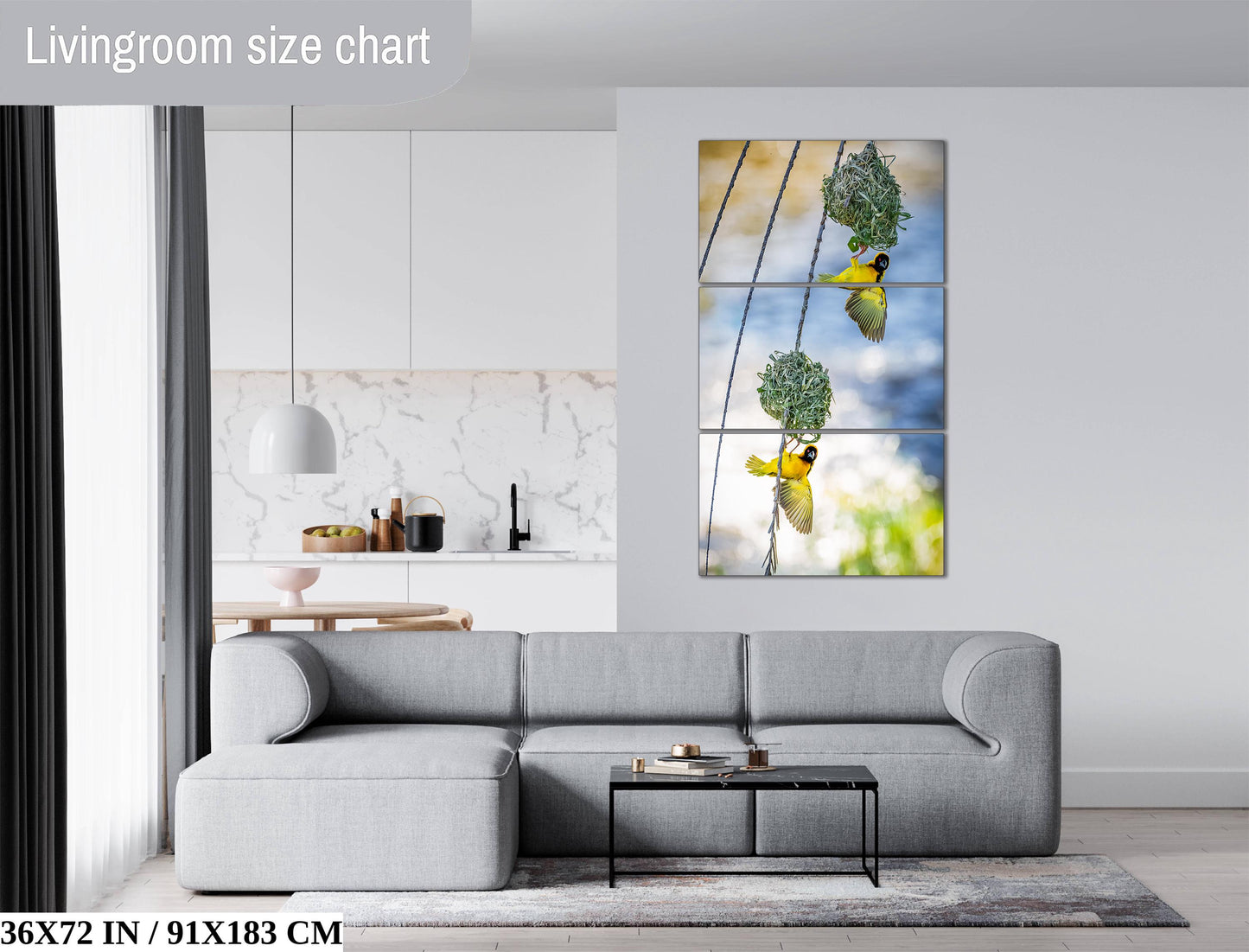The image is a living room with a gray sofa, a coffee table, and a painting of birds hanging from a wire. The painting is a triptych, with two panels depicting birds and a third panel showing the wire. The room has a modern and minimalist design, with white walls and a gray carpet.
