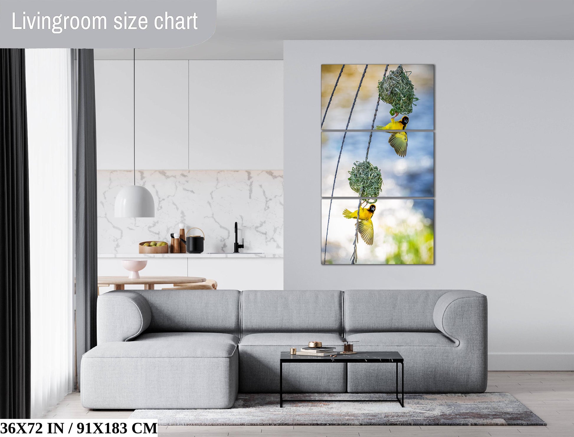The image is a living room with a gray sofa, a coffee table, and a painting of birds hanging from a wire. The painting is a triptych, with two panels depicting birds and a third panel showing the wire. The room has a modern and minimalist design, with white walls and a gray carpet.