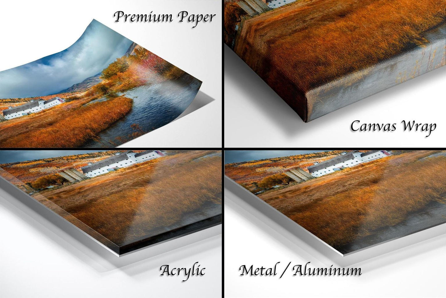 The image is a collage of four photographs depicting a rural landscape, with a focus on the details of the scene, such as the buildings, trees, and overall composition.