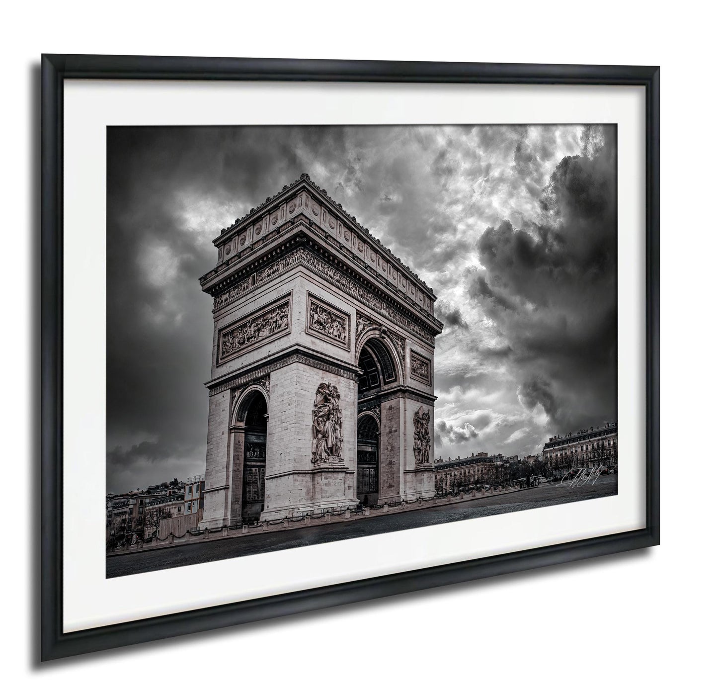 The image is a black and white photograph of the Arc de Triomphe in Paris, France, with dramatic clouds in the background.