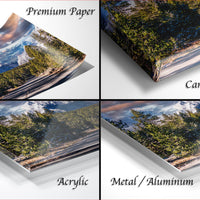 The image is a collage of four different images, each depicting a landscape scene. The images are labeled as "Premium Paper", "Canvas Wrap", "Acrylic", and "Metal/Aluminum".