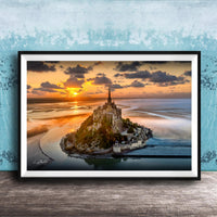 Mont Saint-Michel Poster – Normandy Coastal Art | Sunrise Fog Print with Stormy Sky