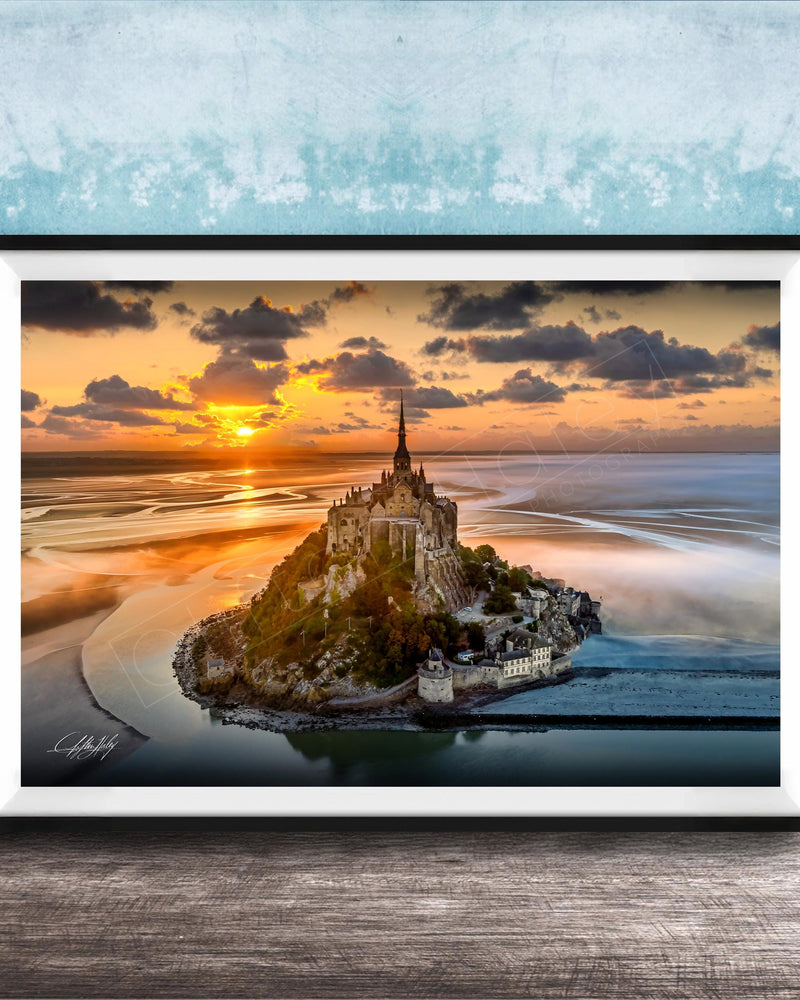 Mont Saint-Michel Poster – Normandy Coastal Art | Sunrise Fog Print with Stormy Sky