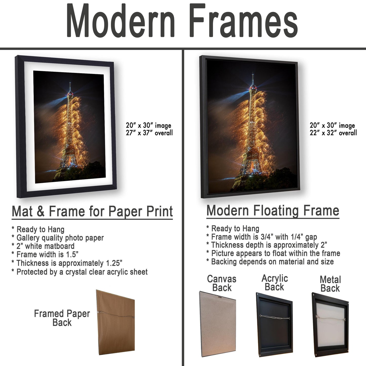 The image is a comparison of modern frames for different types of paper prints, including mat & frame for paper print and modern floating frame.
