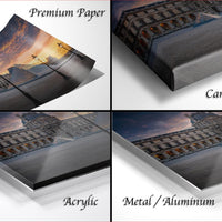 The image is a collage of four photos depicting a sunset over a building, with each photo labeled as either "Premium Paper", "Canvas Wrap", "Acrylic", or "Metal/Aluminum".