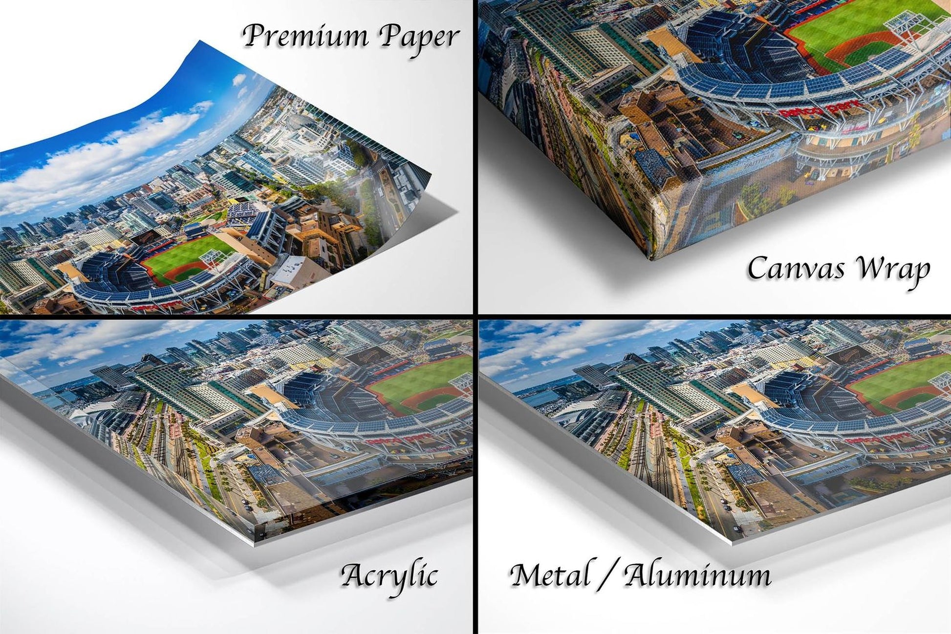 The image is a collage of four different views of a city, including a top-down view, a side view, a front view, and a close-up view of the city's skyline.