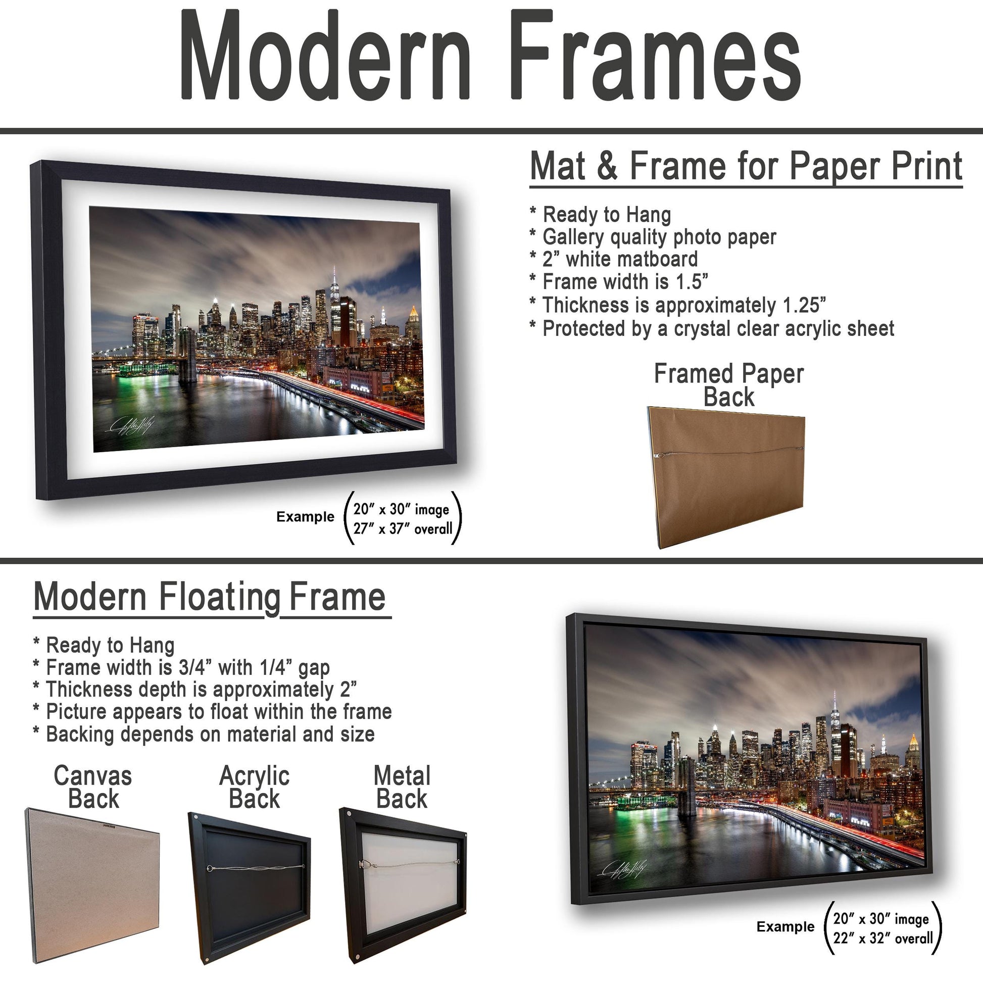 The image is a collage of two framed pictures, one of a city skyline at night and the other of a cityscape. The collage features a modern floating frame and a mat & frame for paper print.