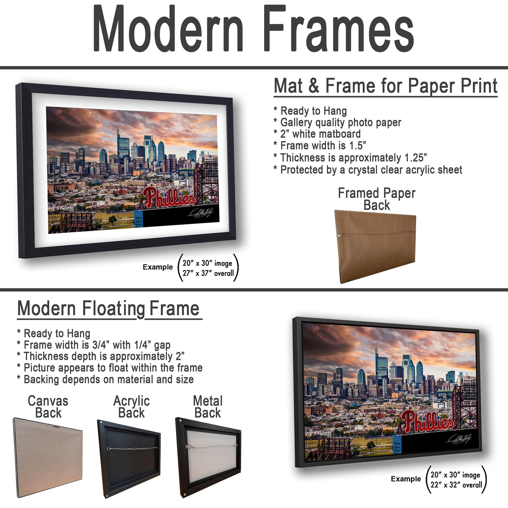 The image is a collage of two framed pictures, one of a city skyline and the other of a cityscape. The framed pictures are described as modern floating frames, which are ready to hang and have a frame width of 3/4" with a 1/4" gap. The frame for the city skyline has a thickness of approximately 1.25" and is protected by a crystal clear acrylic sheet. The framed picture for the cityscape has a thickness of approximately 1.25" and is also protected by a crystal clear acrylic sheet.