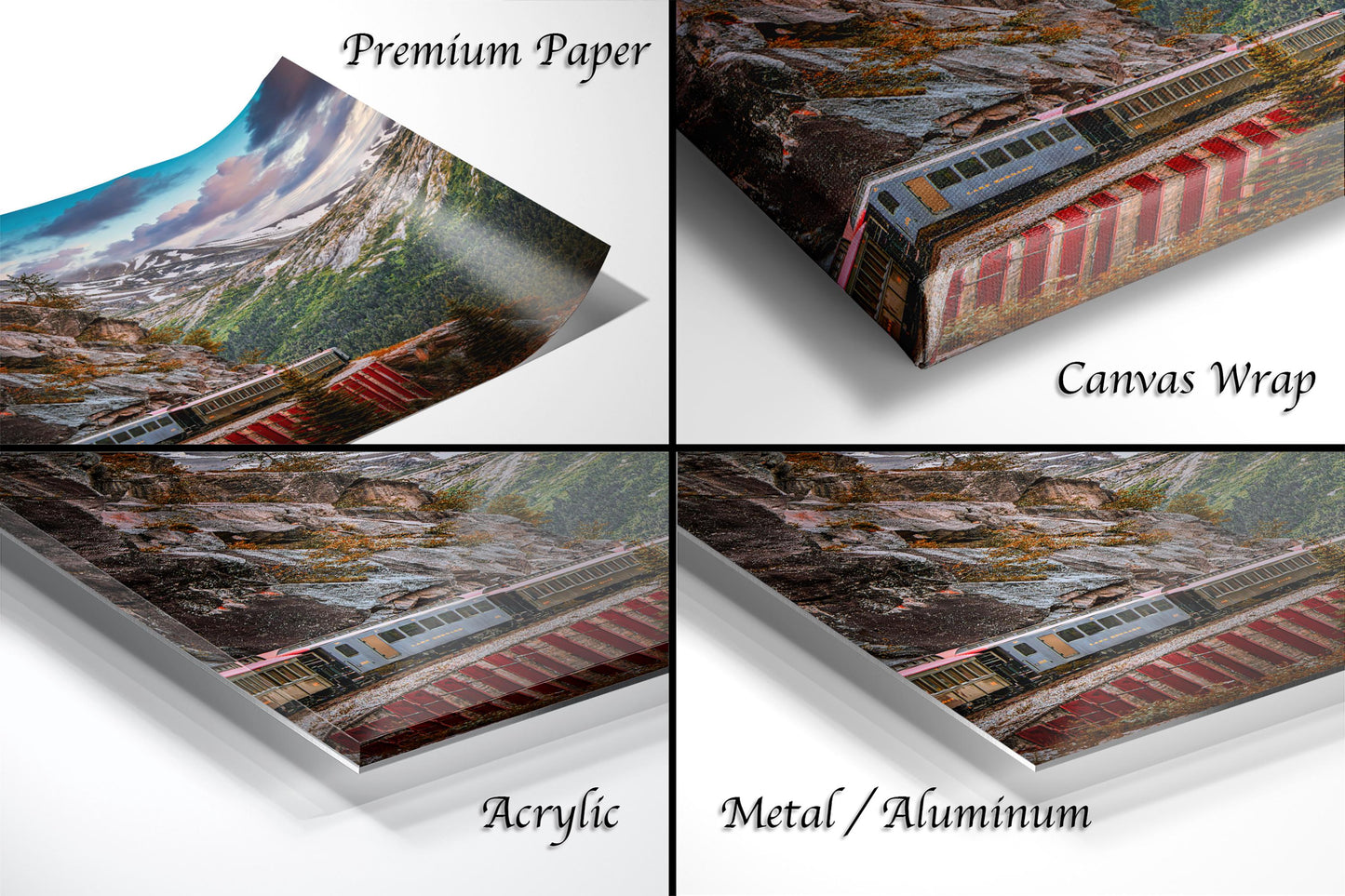 The image is a collage of four different print options for a landscape photograph of a train on a mountain. The print options include "Premium Paper", "Canvas Wrap", "Acrylic", and "Metal/Aluminum".