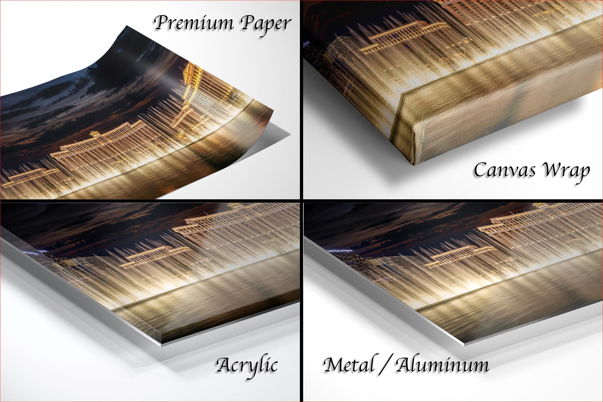 The image is a collage of four different types of printed materials, including a premium paper, a canvas wrap, an acrylic, and a metal/aluminum.