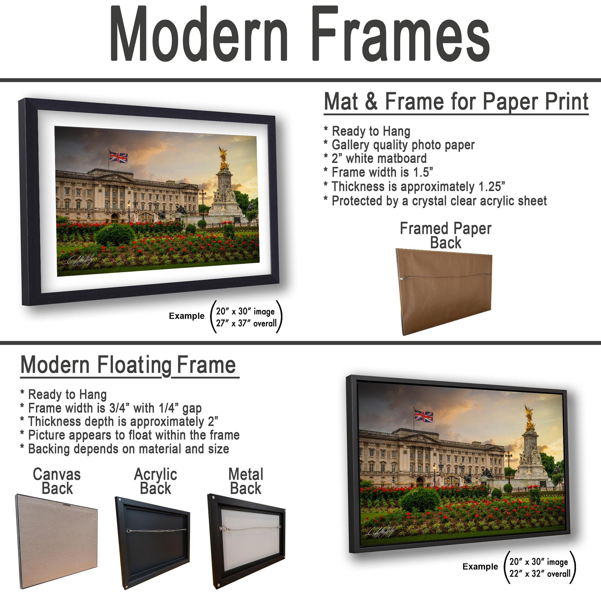 The image is a collage of two framed pictures, one of a building and one of a landscape, both featuring a British flag. The collage is presented in two different frame types: a modern floating frame and a modern hanging frame.