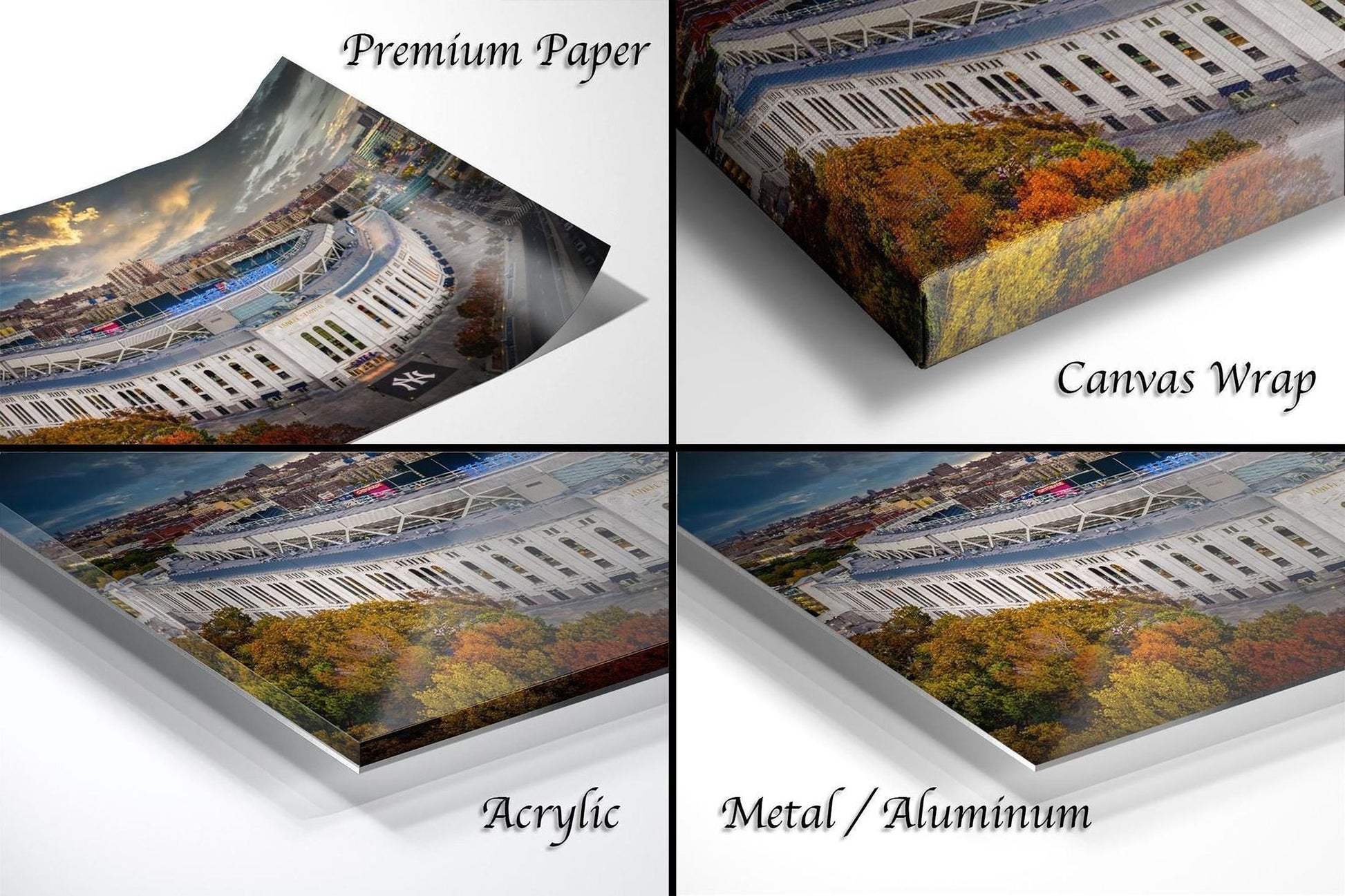 The image is a collage of four different images, each depicting a different type of paper or canvas material used for printing or framing. The images include a premium paper, a canvas wrap, an acrylic, and a metal/aluminum.