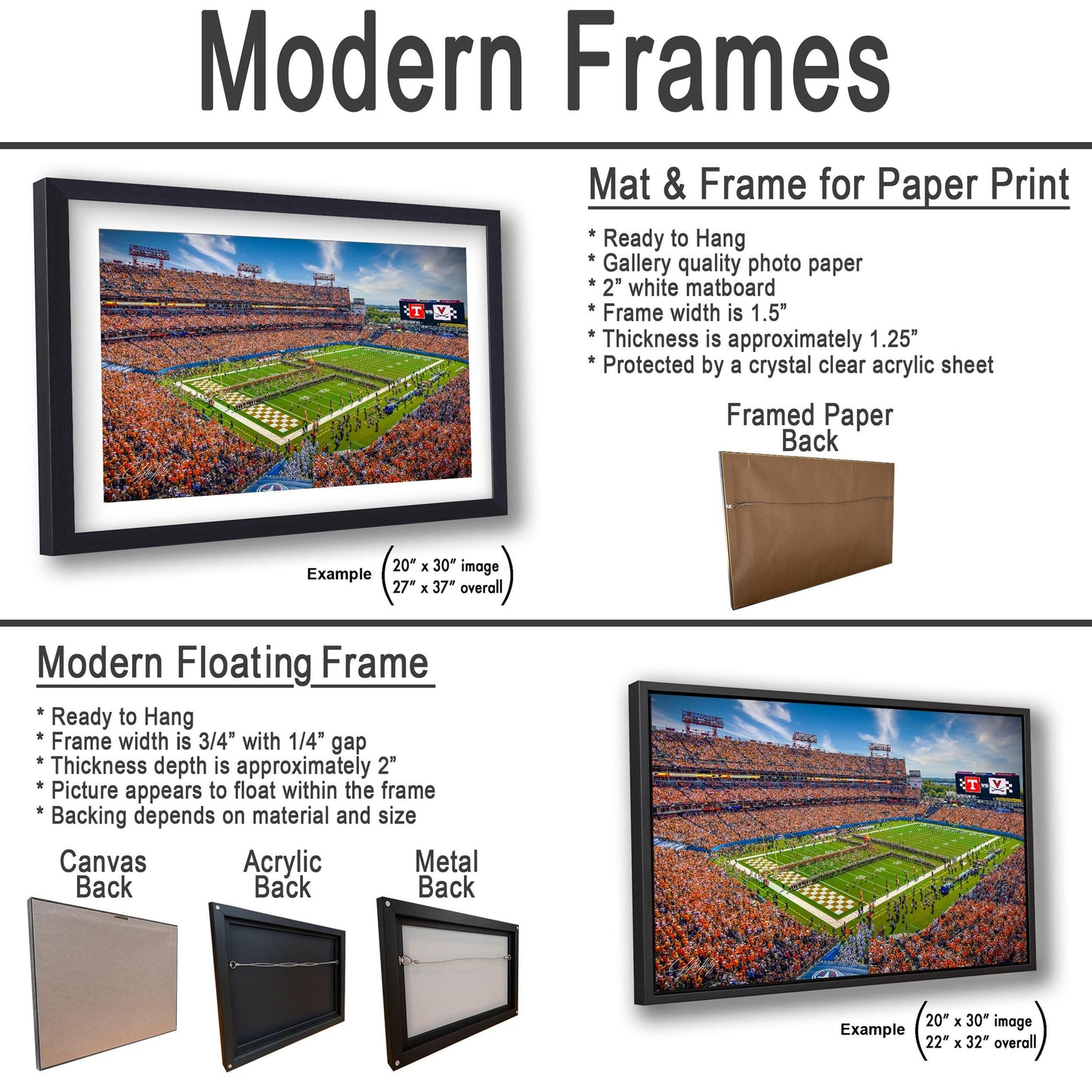 The image is a collage of three framed pictures, each depicting a different scene. The first frame shows a baseball game, the second frame depicts a stadium, and the third frame features a field with a crowd. The frames are designed to hang on a wall, and they come in various sizes and materials, including acrylic and metal backings.