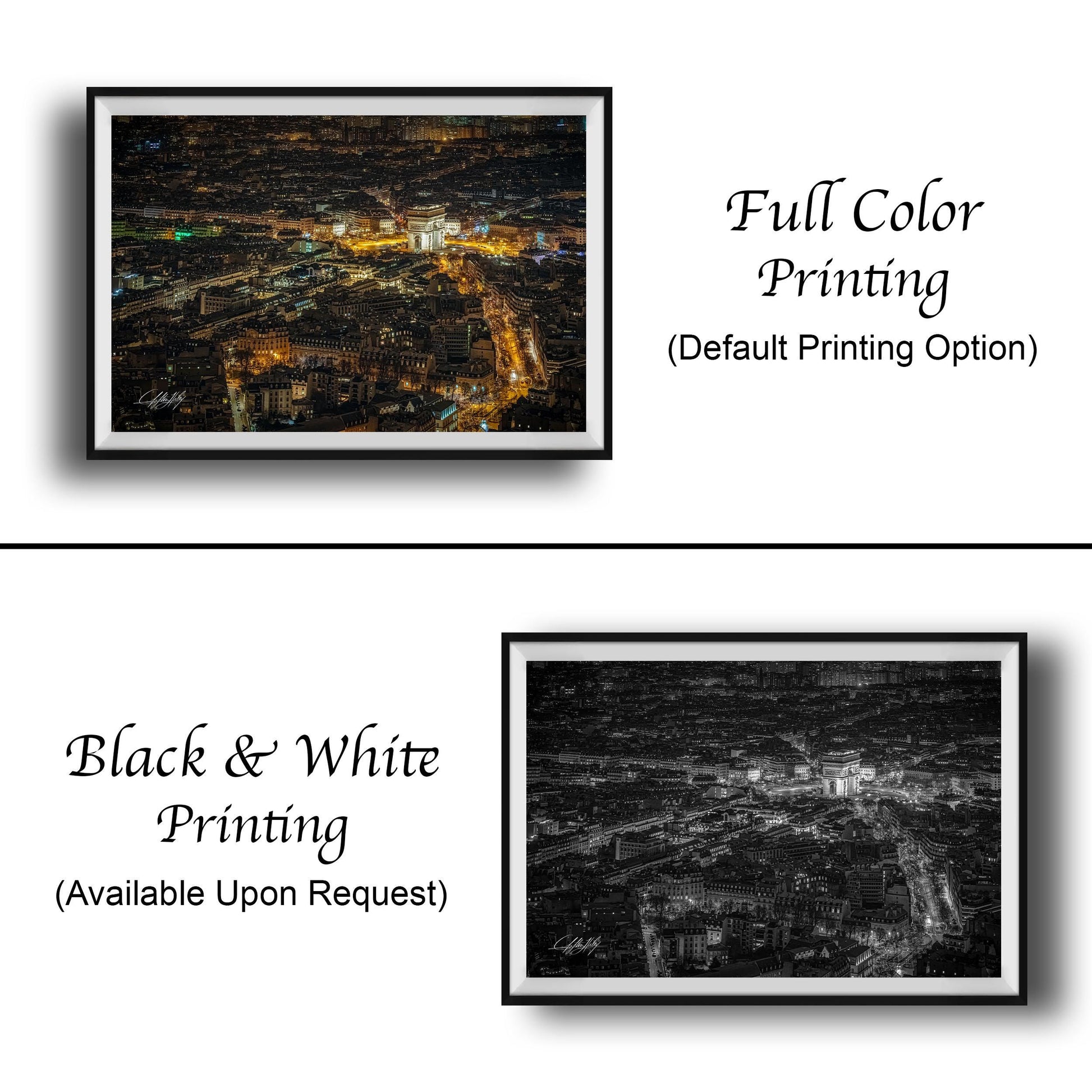 The image is a collage of two framed photographs. The top photograph is a full-color print of a city at night, while the bottom photograph is a black and white print of the same city. Both prints are framed and available upon request.