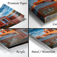 The image is a collage of four different views of a brick building, each with a different finish: "Premium Paper", "Canvas Wrap", "Acrylic", and "Metal/Aluminum".