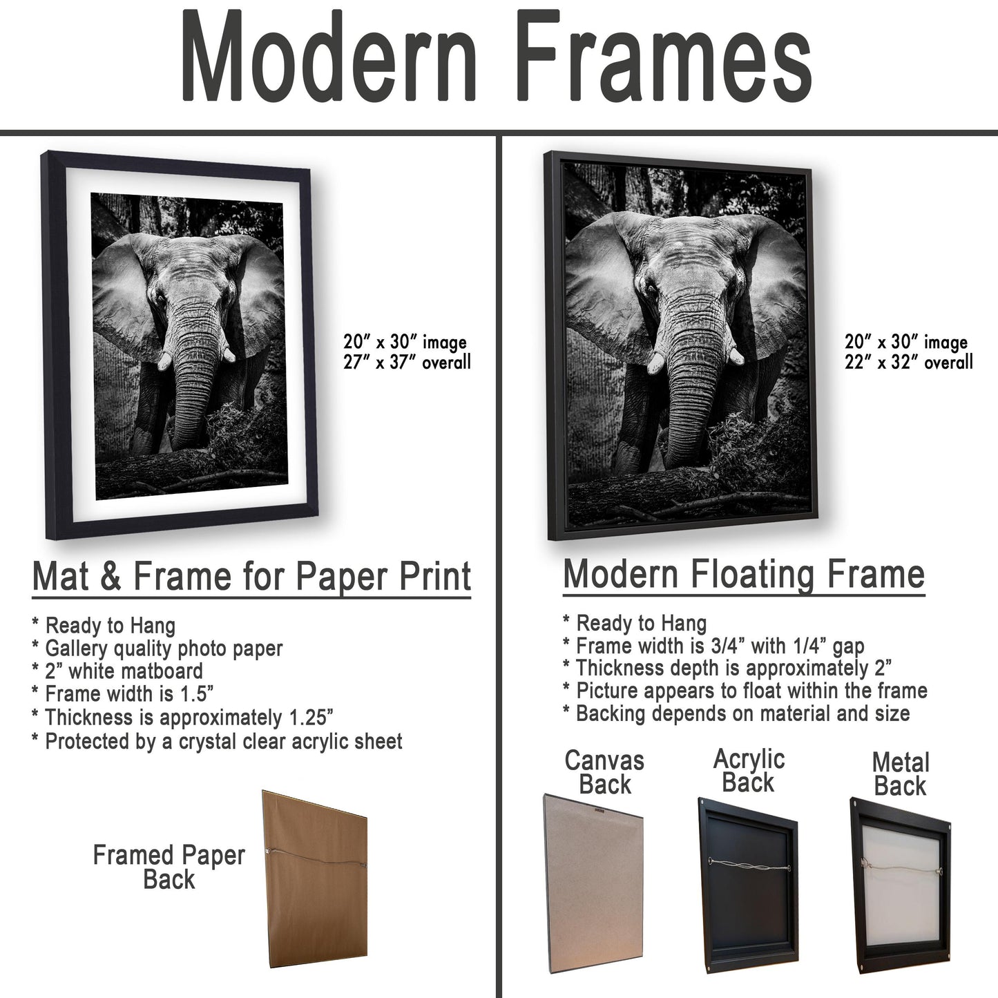 The image is a comparison of modern frames for different types of artwork, including a mat and frame for a paper print and a modern floating frame for a picture.