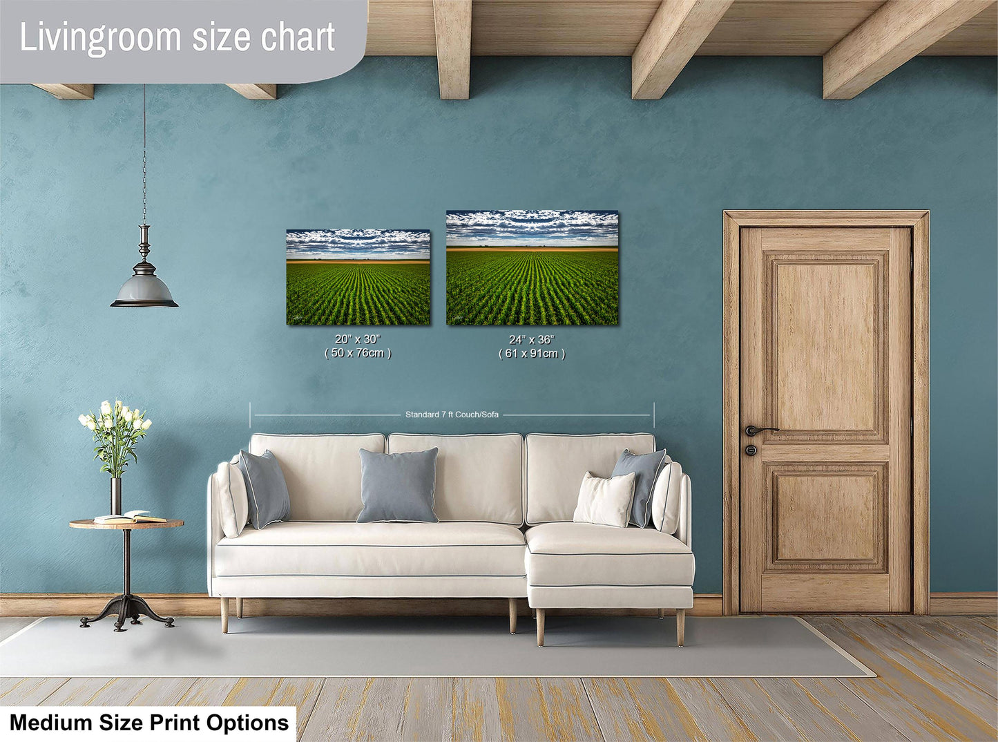 a living room with a white sofa, a wooden door, and a painting of a field of crops hanging on the wall.