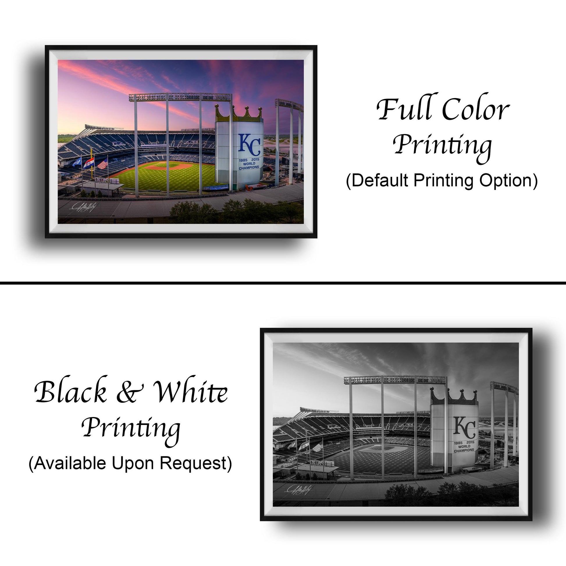 The image is a collage of two framed pictures. The top picture is a full color print of a baseball stadium, while the bottom picture is a black and white print of the same stadium. Both pictures are framed and have the caption "Full Color Printing (Default Printing Option)" and "Black & White Printing (Available Upon Request)" printed on them.