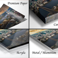 The image is a collage of four different views of a cityscape, each with a distinct perspective and angle. The collage includes a close-up view of the city's skyline, a panoramic view of the city, a side view of the city, and a top-down view of the city. The collage is labeled as "Premium Paper", "Canvas Wrap", "Acrylic", and "Metal/Aluminum" to describe the materials used in the artwork.