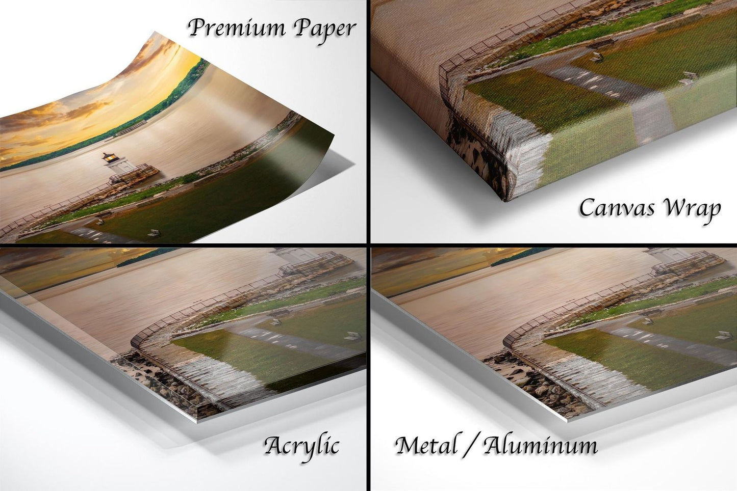 The image is a collage of four different types of print materials, including premium paper, canvas wrap, acrylic, and metal/aluminum.