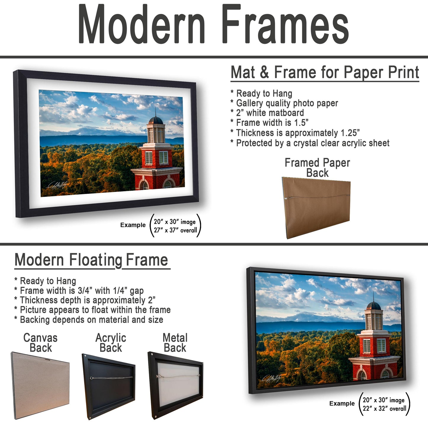 The image is a collage of two framed pictures, one of a red brick building and the other of a scenic landscape. The collage features a variety of frame options, including a mat and frame for paper print, a modern floating frame, and a framed paper back. The images are described in detail, providing examples of the different frame sizes and materials.