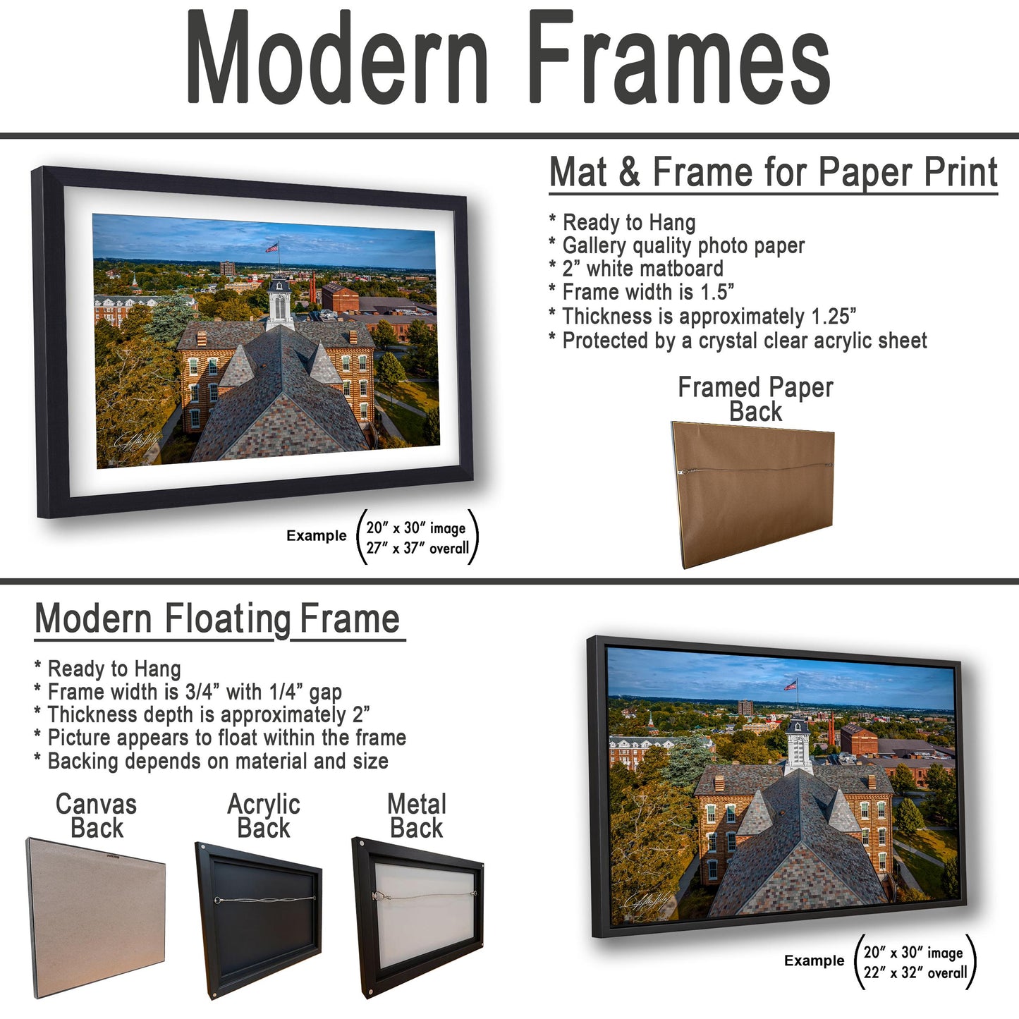 The image is a collage of two framed pictures, one of a building and one of a landscape, both featuring modern frames. The collage includes a mat and frame for paper print, a mat and frame for a floating frame, and a mat and frame for a printed back. The collage also includes a modern floating frame and a mat and frame for a printed back.
