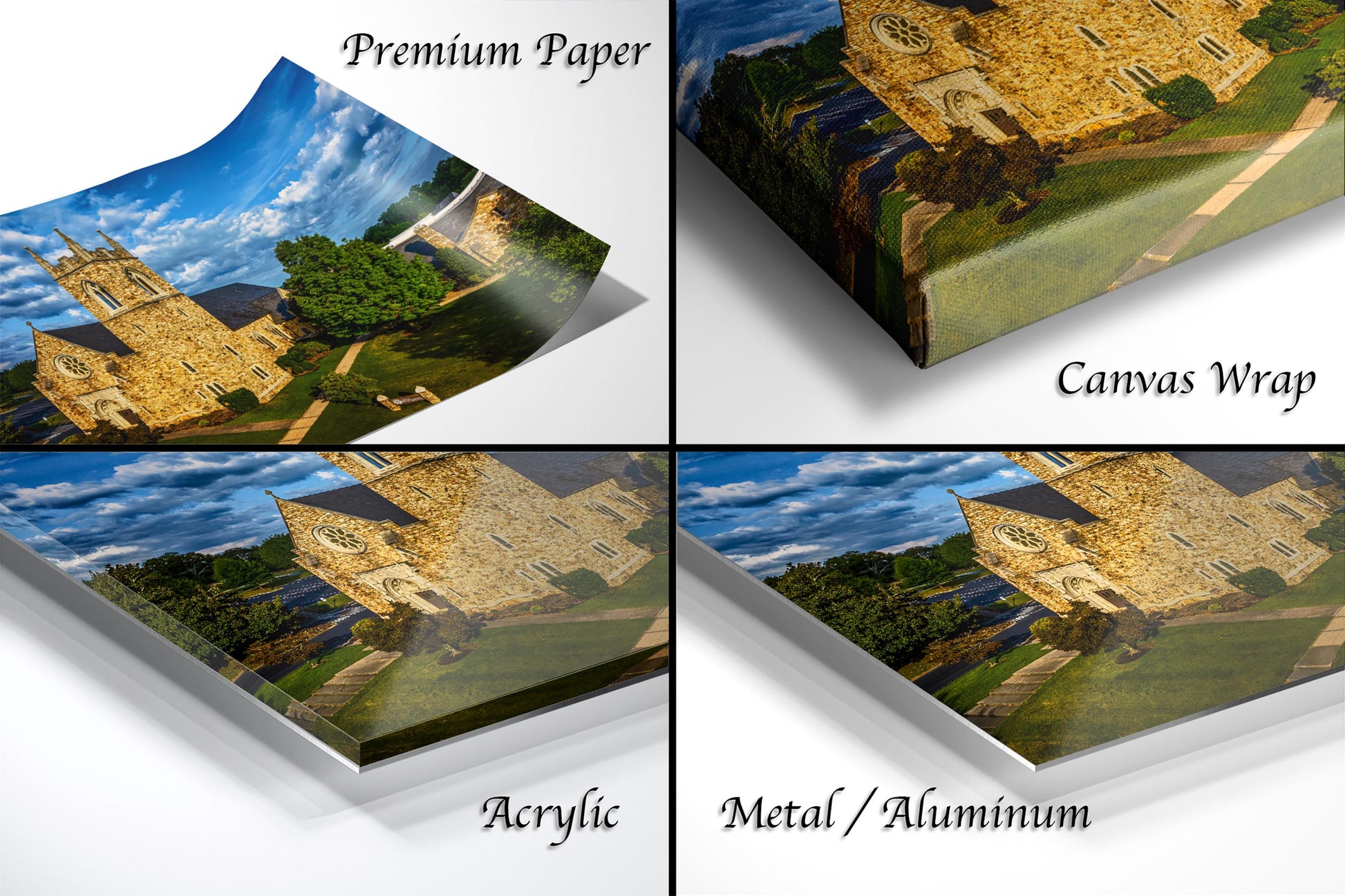 The image is a collage of four different views of a stone building, including a close-up of the building, a landscape view, a side view, and a top-down view.