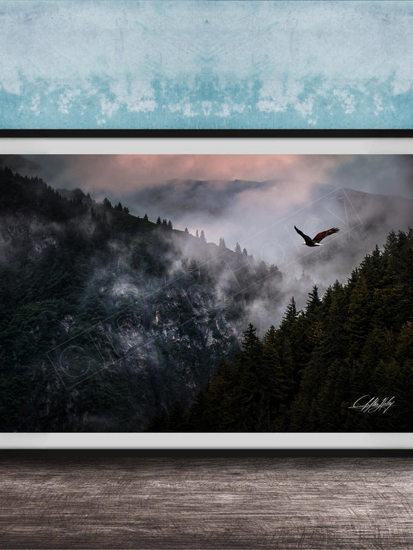 A framed photograph depicting a bird soaring over a misty mountain landscape with a forested area below.