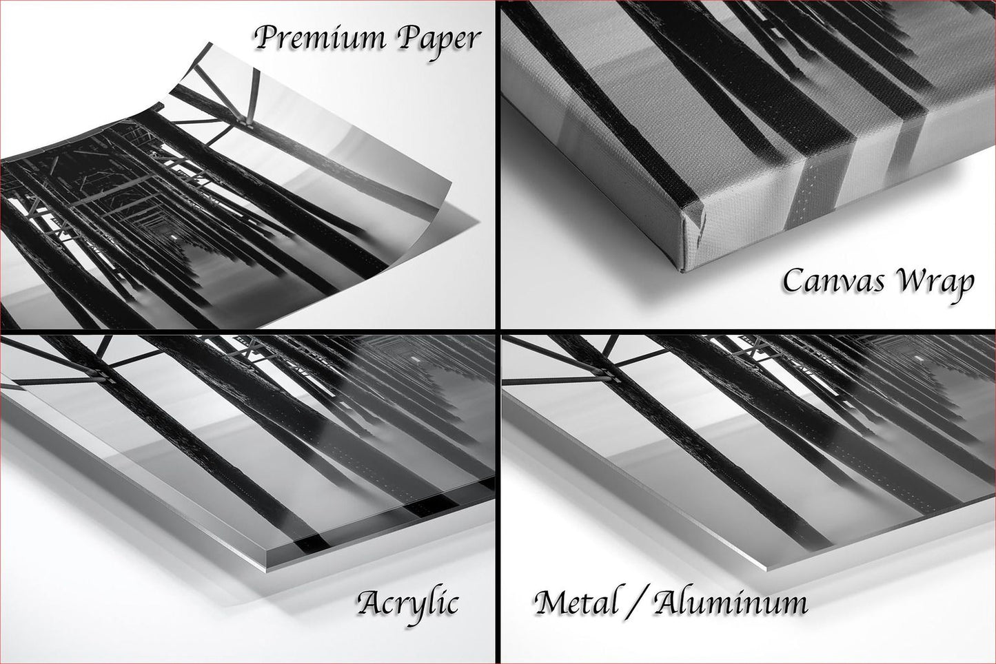 The image is a collage of four different images, each depicting a different type of material: premium paper, canvas wrap, acrylic, and metal/aluminum.