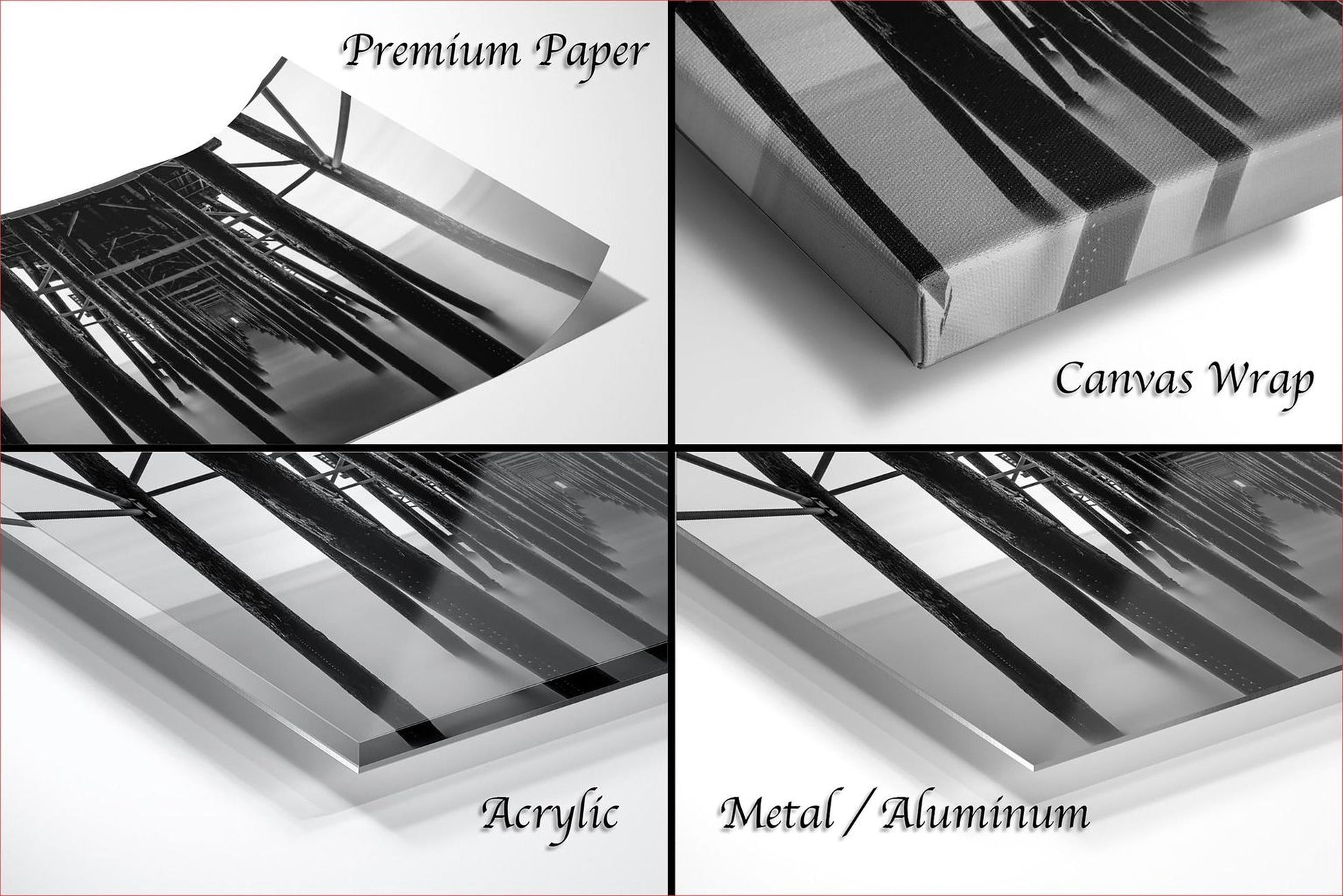The image is a collage of four different images, each depicting a different type of material: premium paper, canvas wrap, acrylic, and metal/aluminum.