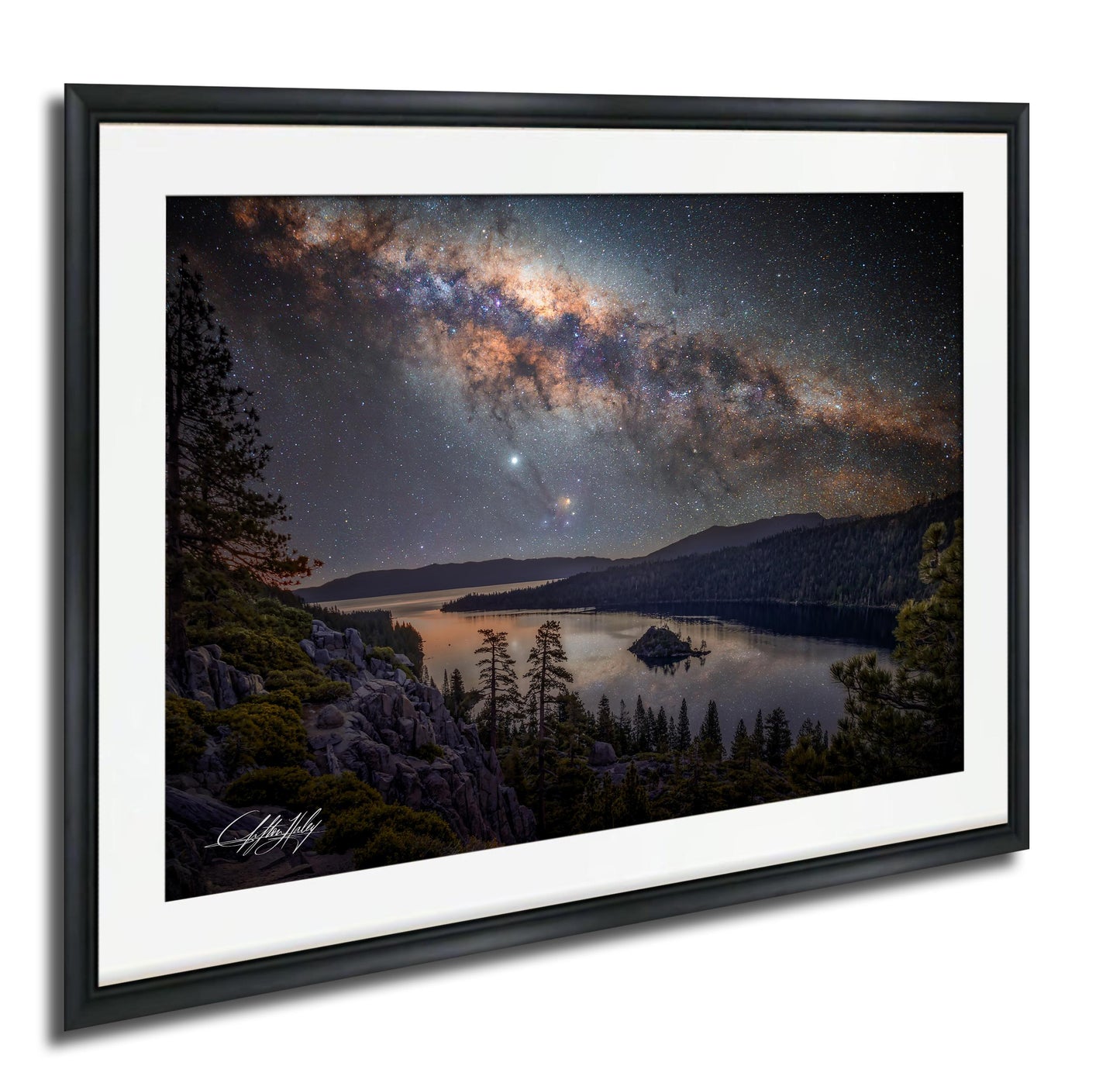 a serene night scene with a lake surrounded by mountains and trees, with a starry sky above.