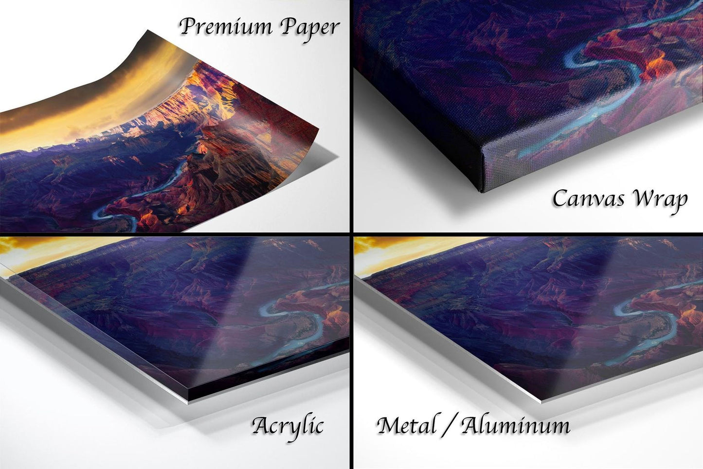 The image is a collage of four different views of a landscape, including a close-up of a canvas wrap, a close-up of a premium paper, a close-up of a metal/aluminum wrap, and a close-up of a acrylic wrap.